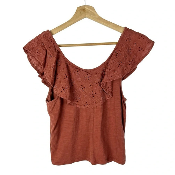American Eagle AEO Rust Orange Eyelet Ruffle Button Front Short Sleeve S - Picture 2 of 4